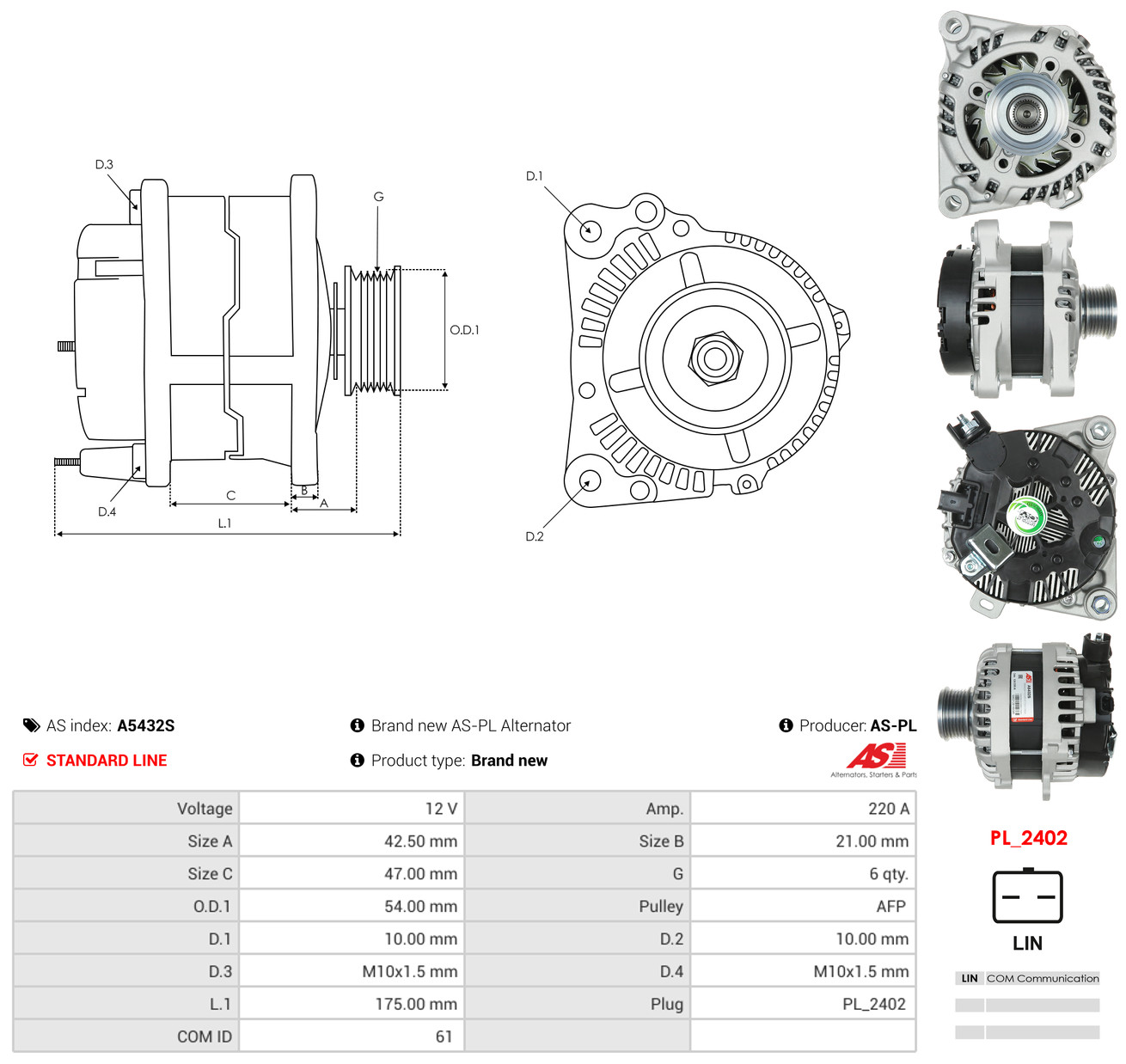 AS-PL Generator a5432s for GENERAL MOTORS PEUGEOT MITSUBISHI TOYOTA