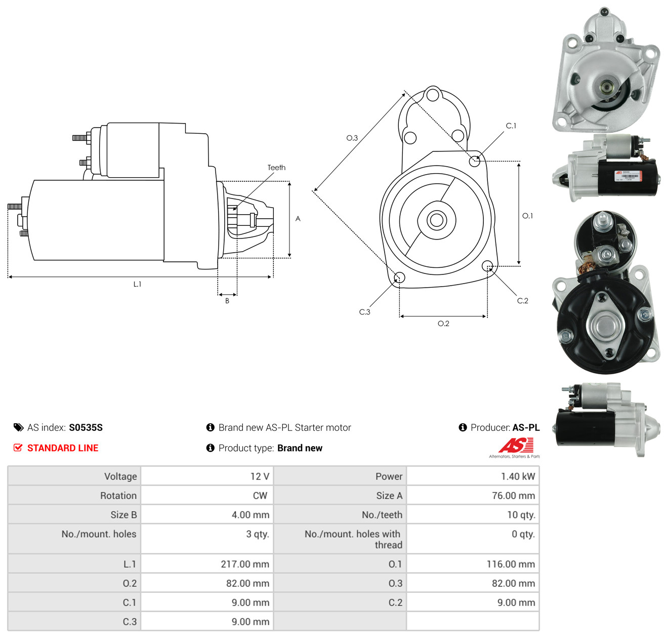 AS-PL Starter s0535s for FIAT CHRYSLER SUZUKI PININFARINA