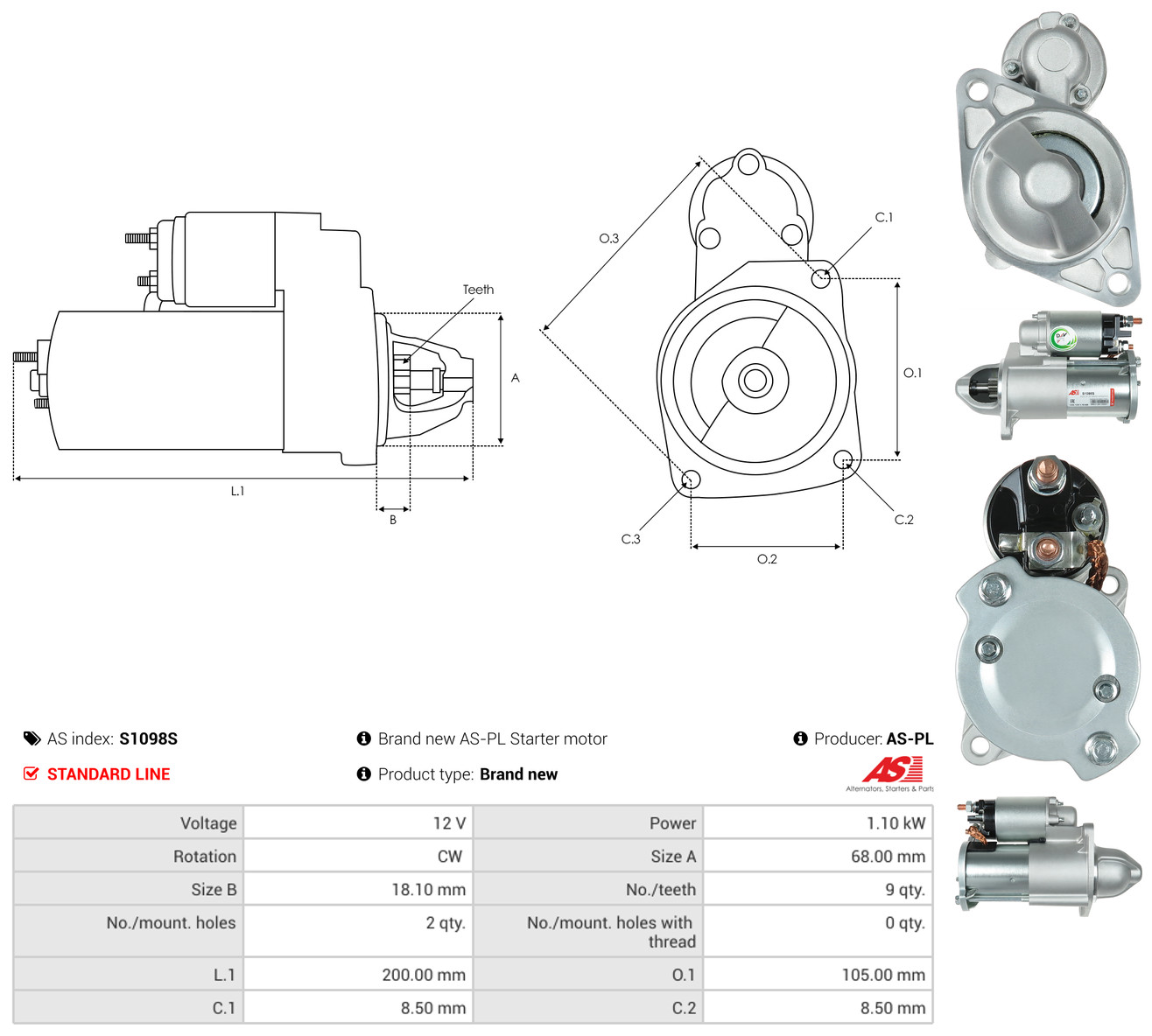 AS-PL Starter s1098s for OPEL CHEVROLET FIAT