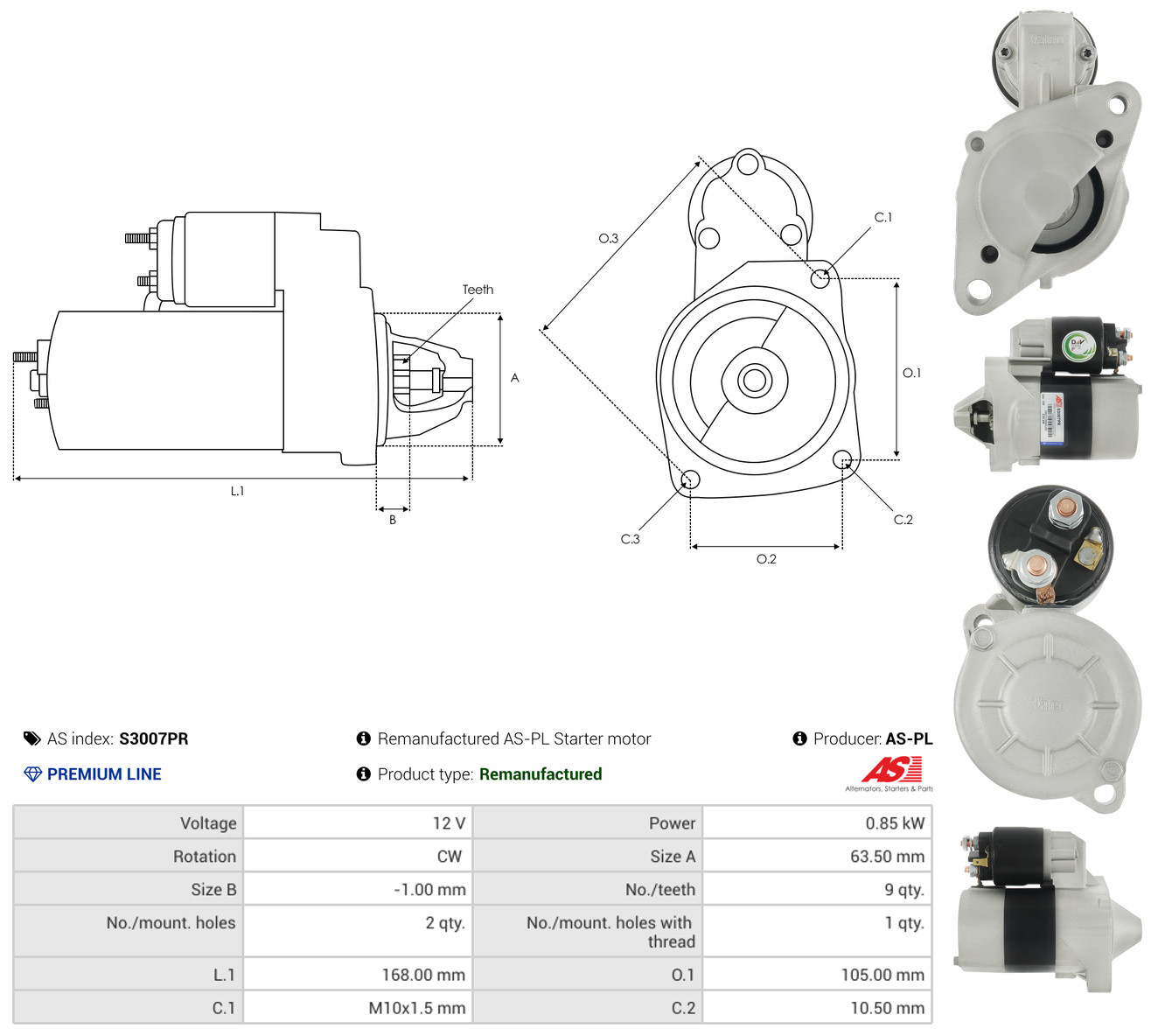AS-PL Starter s3007pr for RENAULT VOLVO PEUGEOT NISSAN