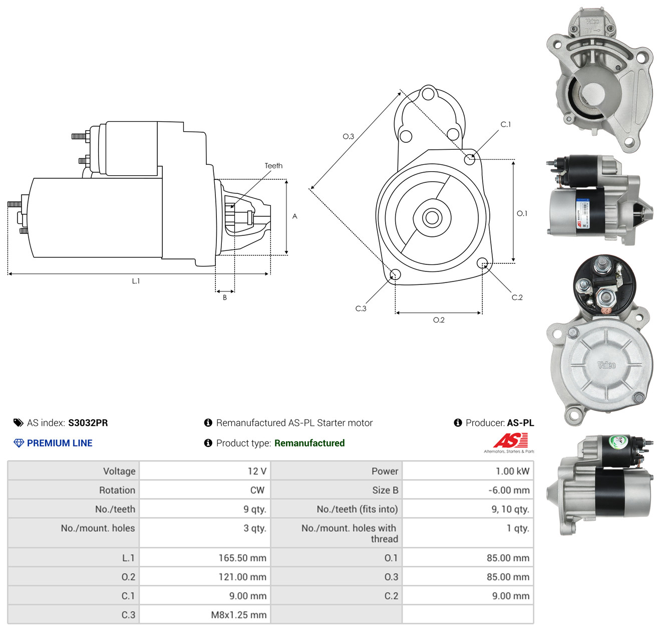 AS-PL Starter s3032pr for PEUGEOT FORD FIAT DAF MITSUBISHI