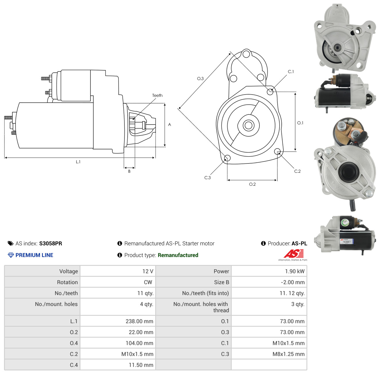 AS-PL Starter s3058pr for VOLVO OPEL MITSUBISHI NISSAN RENAULT SUZUKI