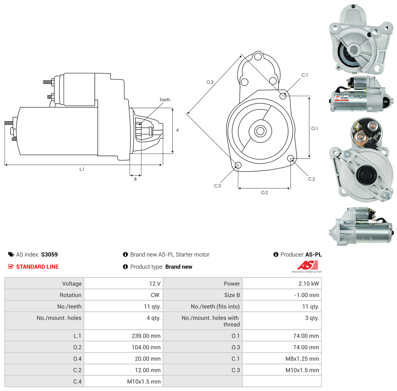 AS-PL Starter s3059 for VOLVO OPEL RENAULT MITSUBISHI NISSAN SUZUKI