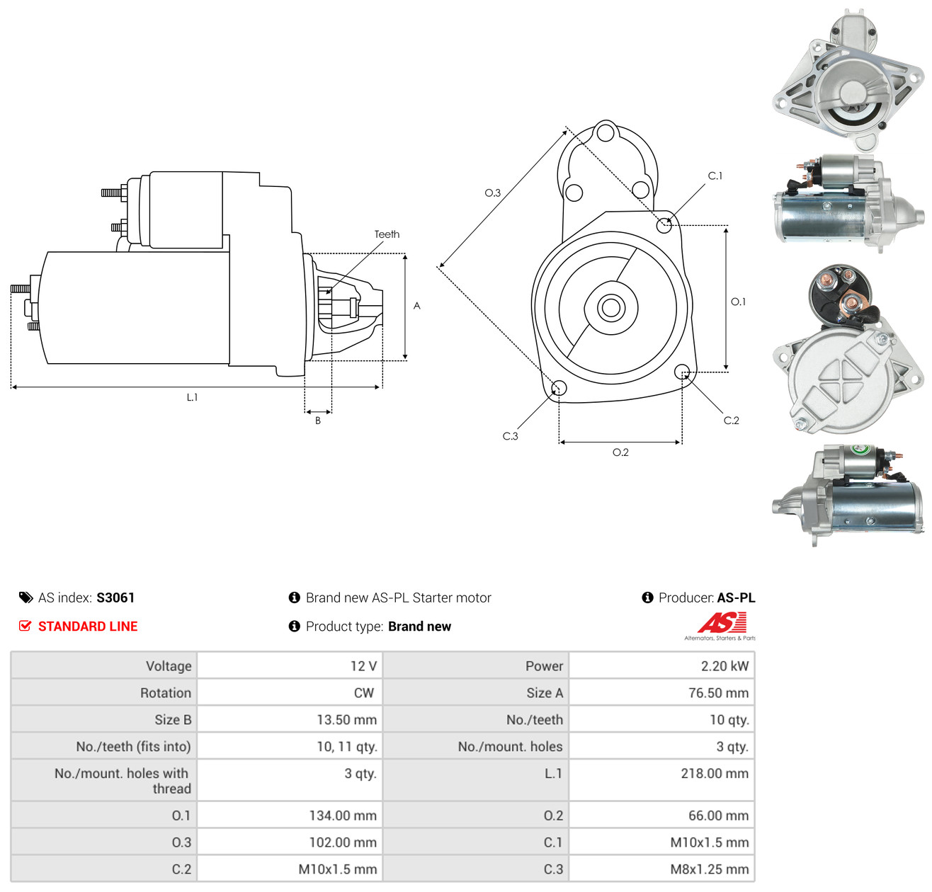 AS-PL Starter s3061 for OPEL MERCEDES-BENZ MITSUBISHI NISSAN RENAULT