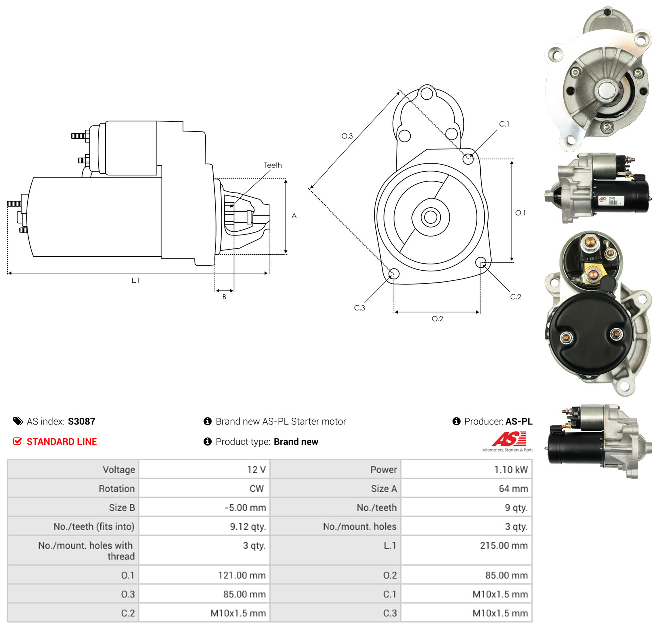 AS-PL Starter s3087 for FIAT PEUGEOT MITSUBISHI