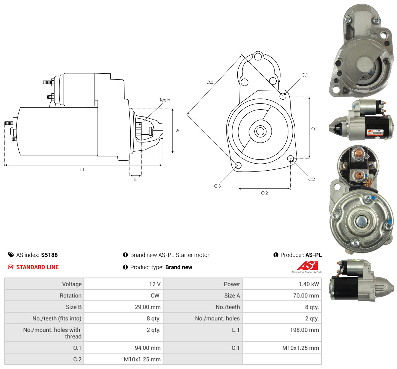 AS-PL Starter s5188 for MITSUBISHI PEUGEOT
