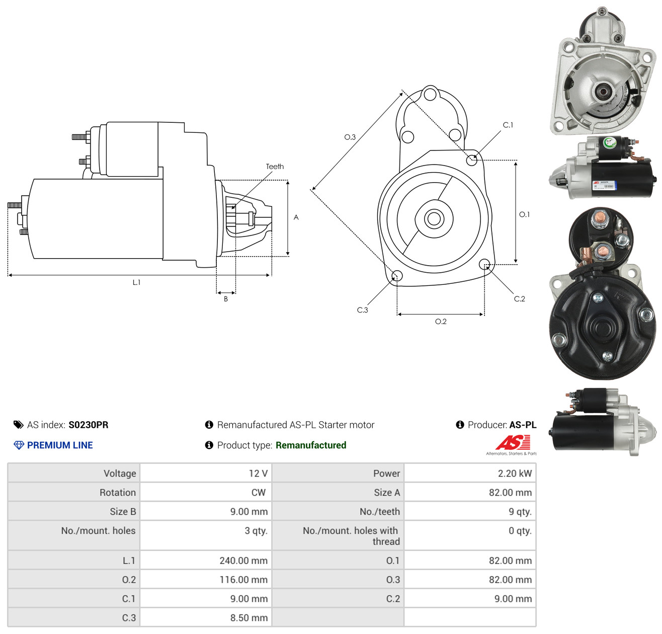 AS-PL Starter s0230pr for FIAT SUZUKI PININFARINA