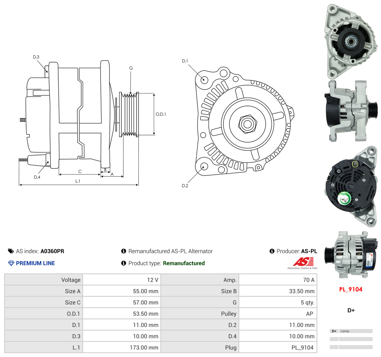 AS-PL Generator a0360pr for OPEL