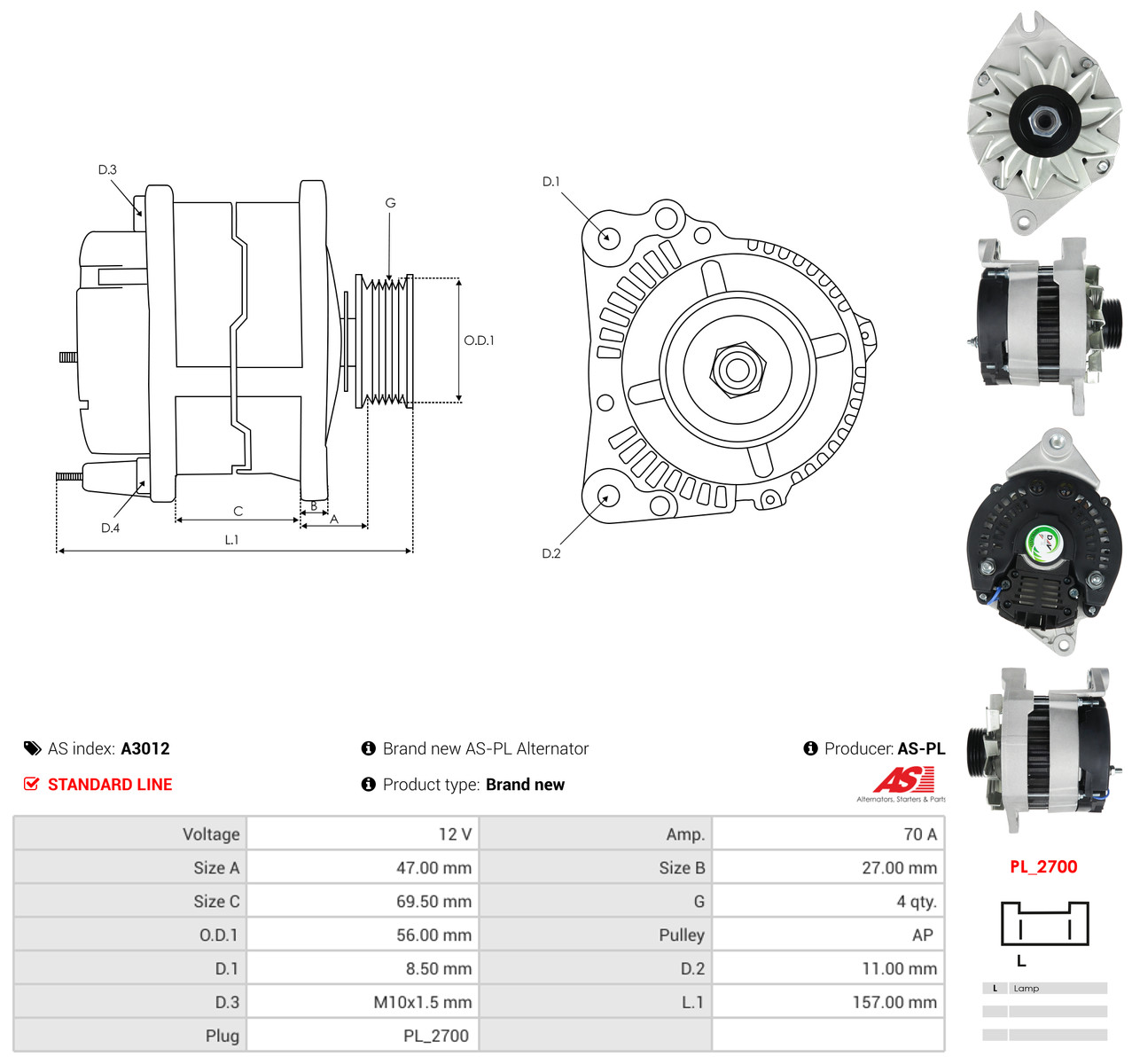 AS-PL Generator a3012 for PEUGEOT FIAT MITSUBISHI
