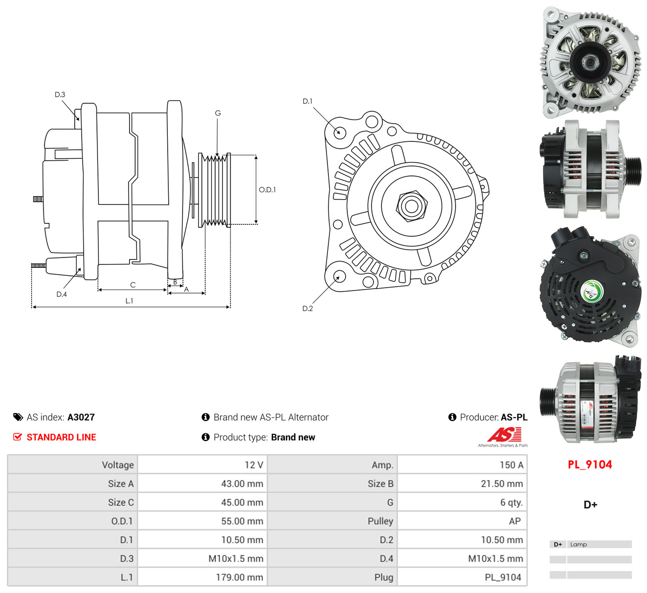 AS-PL Generator a3027 for FIAT DAF MITSUBISHI PEUGEOT