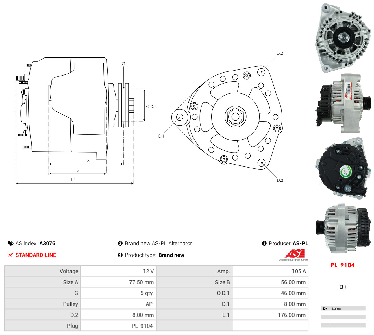 AS-PL Generator a3076 for OPEL BMW ROVER