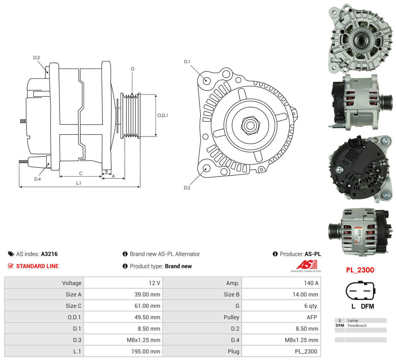 AS-PL Generator a3216 for VW FIAT MERCEDES-BENZ