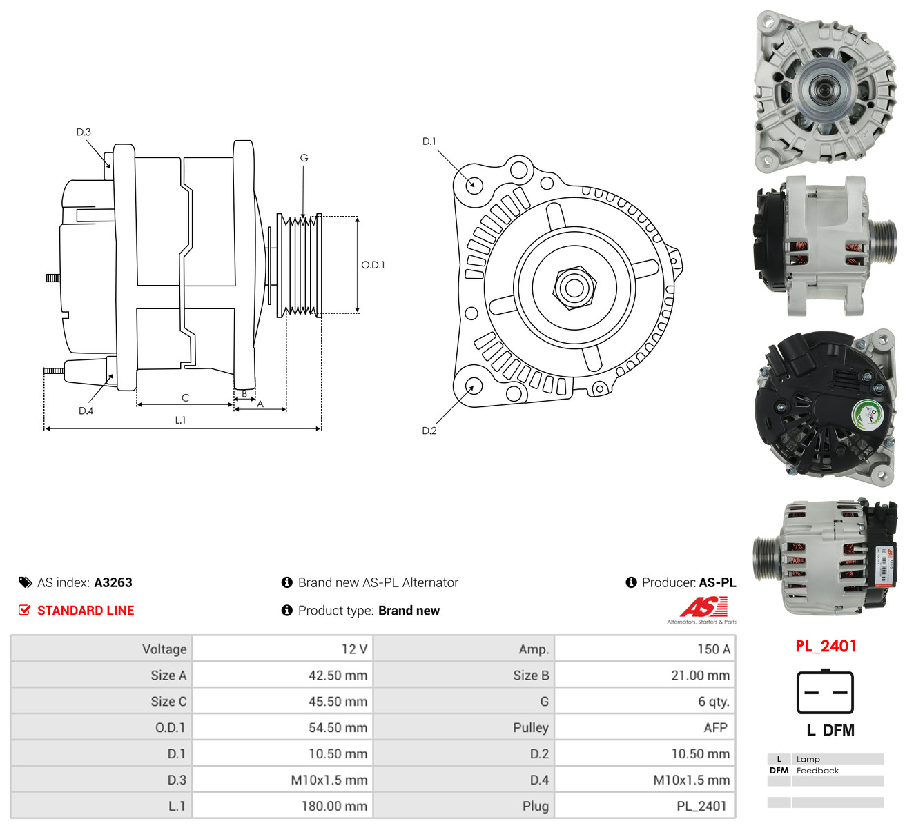 AS-PL Generator a3263 for PEUGEOT FIAT MITSUBISHI