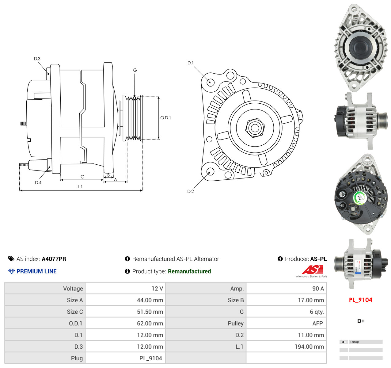 AS-PL Generator a4077pr for FIAT