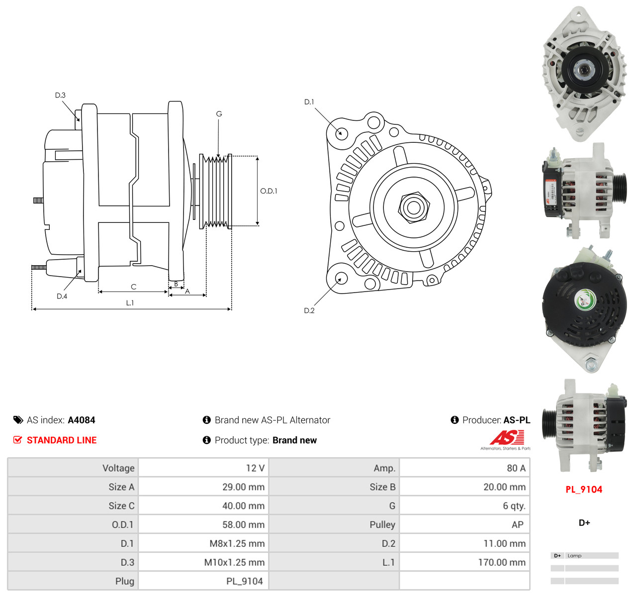 AS-PL Generator a4084 for TOYOTA PEUGEOT