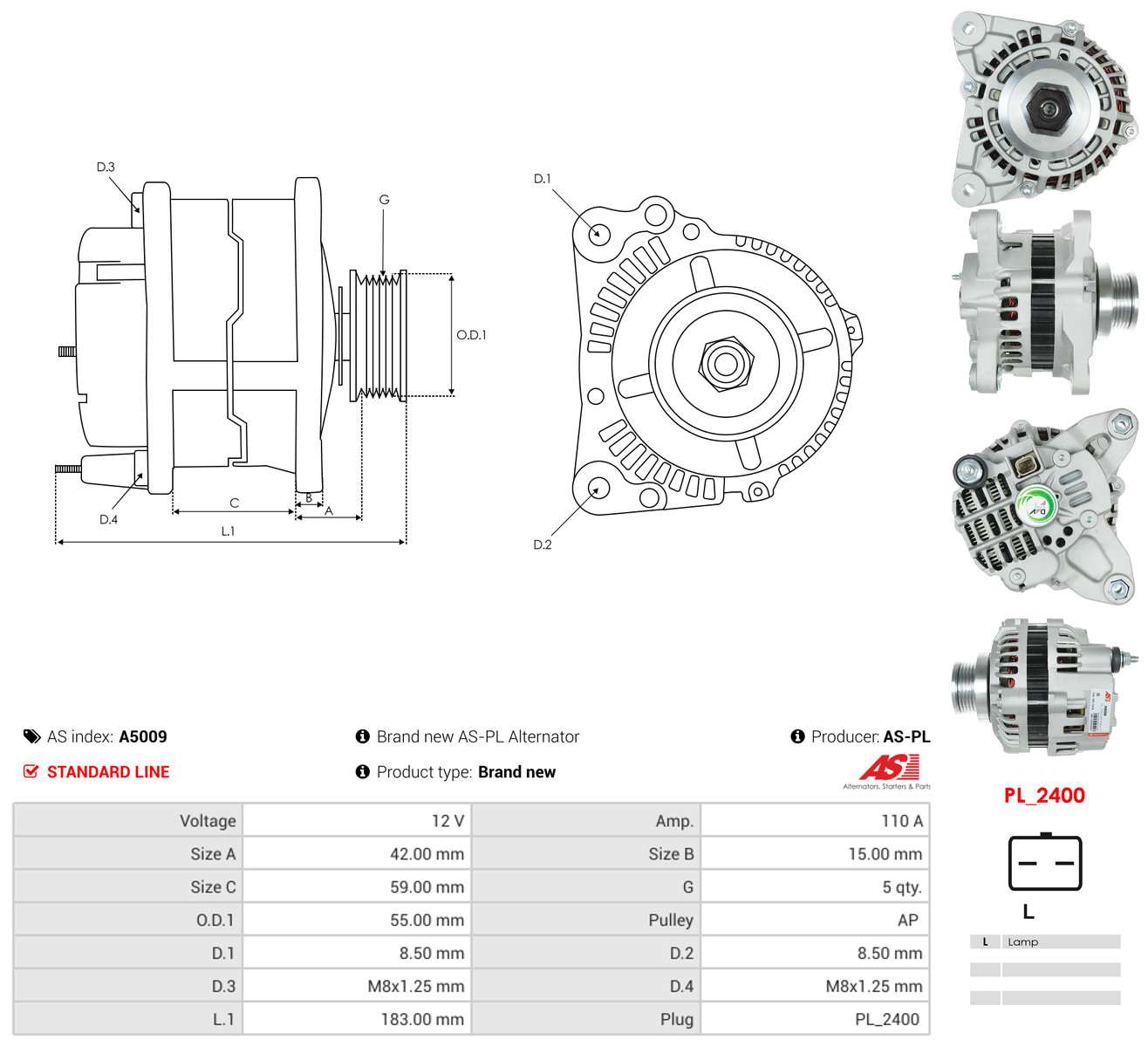 AS-PL Generator a5009 for MITSUBISHI NISSAN RENAULT