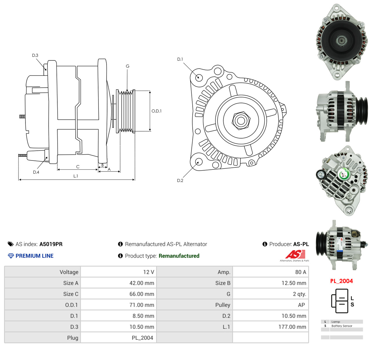 AS-PL Generator a5019pr for MAZDA MITSUBISHI
