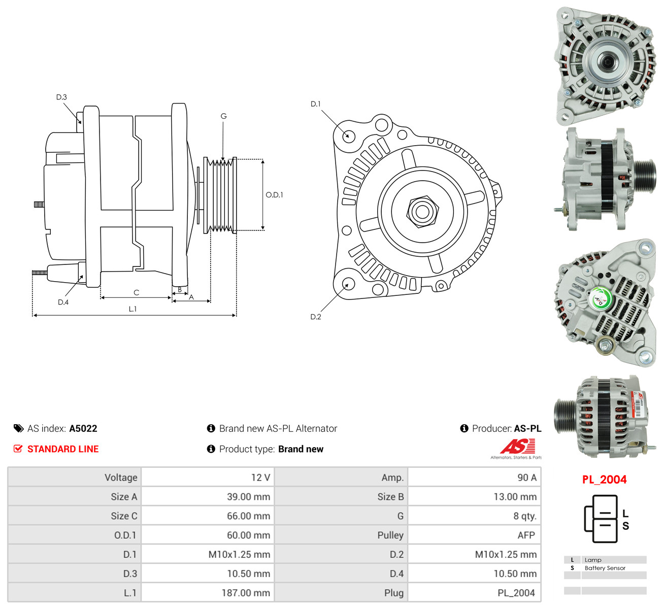 AS-PL Generator a5022 for MAZDA MITSUBISHI