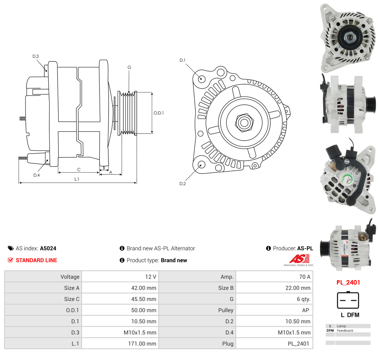 AS-PL Generator a5024 for MITSUBISHI PEUGEOT