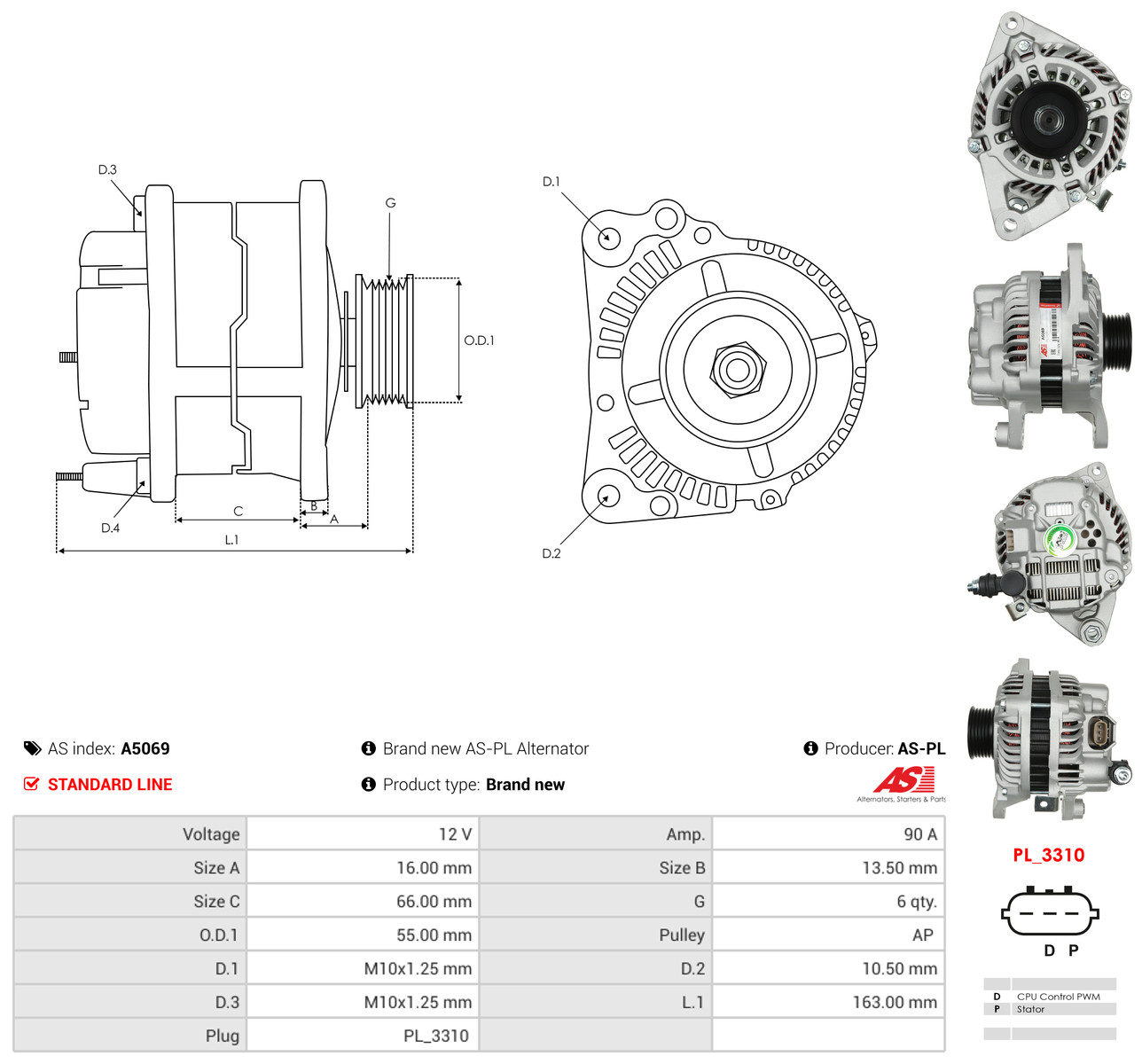 AS-PL Generator a5069 for MAZDA MITSUBISHI