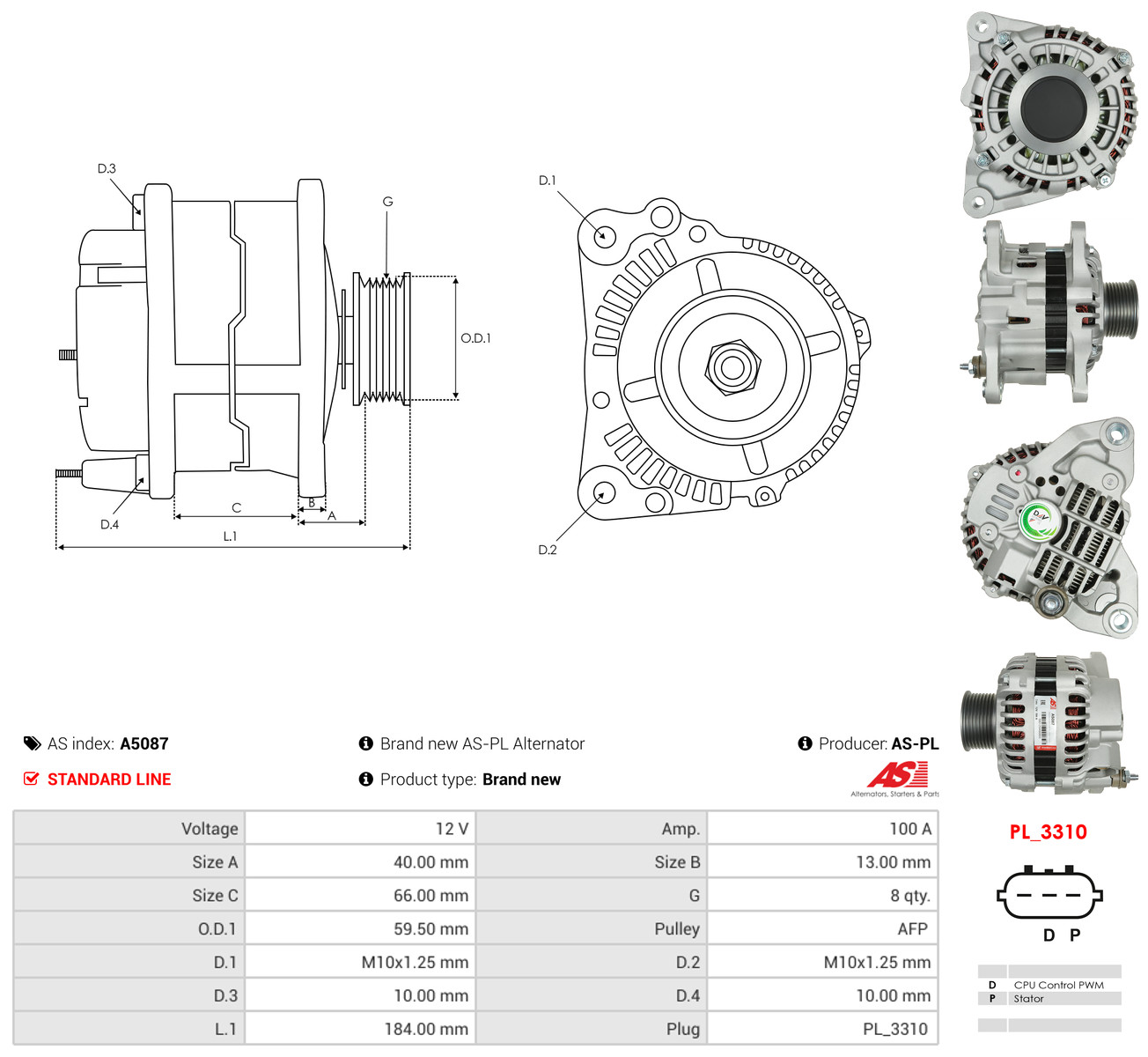 AS-PL Generator a5087 for FORD MAZDA MITSUBISHI