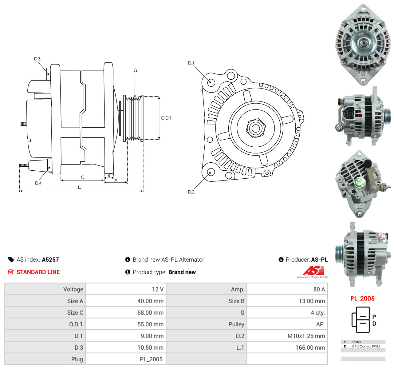 AS-PL Generator a5257 for MITSUBISHI MAZDA