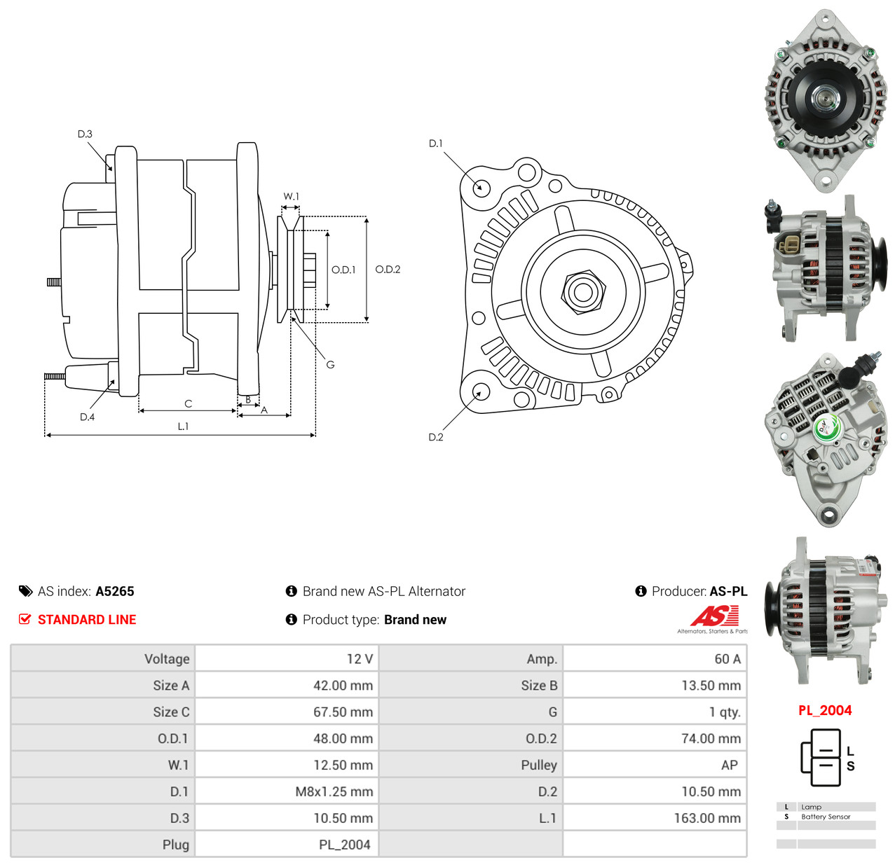 AS-PL Generator a5265 for MAZDA MITSUBISHI