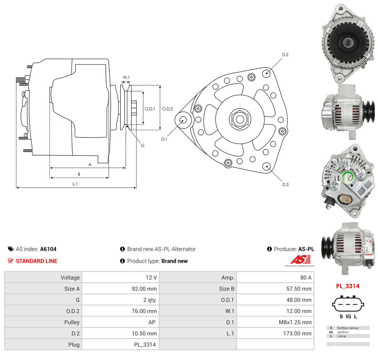 AS-PL Generator a6104 for TOYOTA