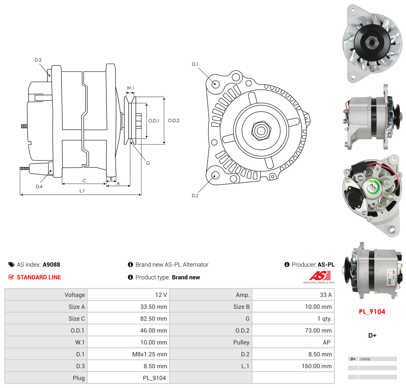 AS-PL Generator a9088 for FORD DAF MITSUBISHI RENAULT