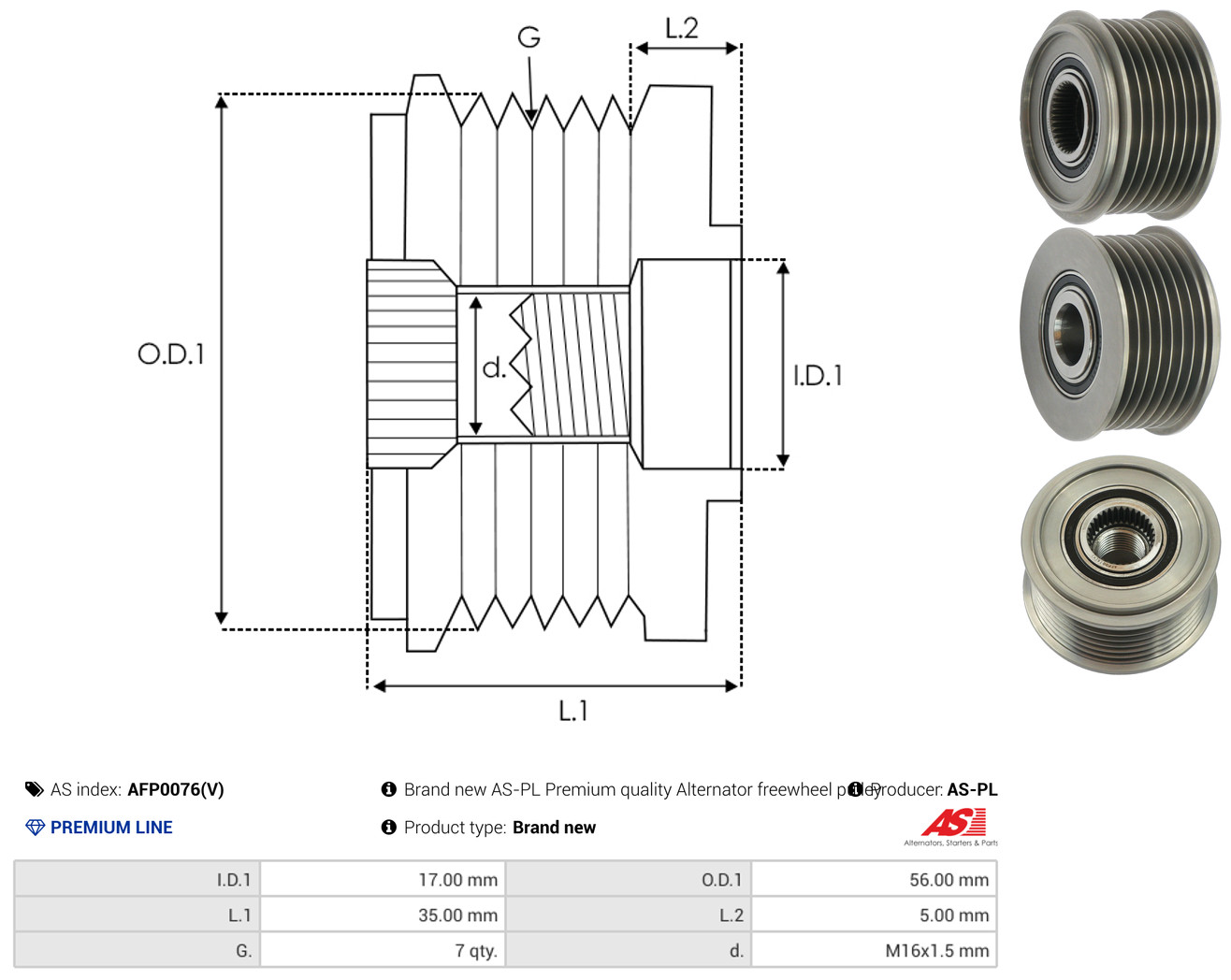 AS-PL Generator friløbskobling afp0076v for VW PORSCHE