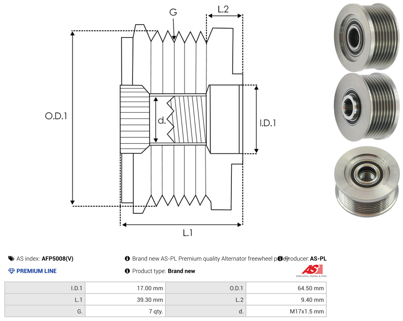 AS-PL Generator friløbskobling afp5008v for MITSUBISHI NISSAN