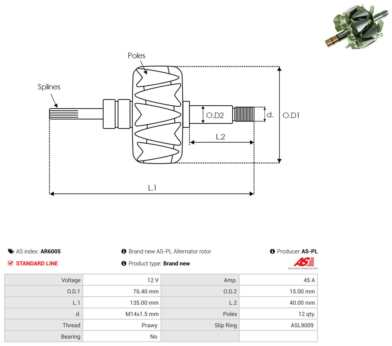 AS-PL ar6005 76,40mm for TOYOTA SUZUKI DAIHATSU