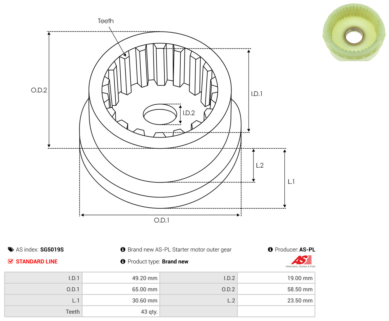 AS-PL sg5019s 58,50mm for HYUNDAI MITSUBISHI