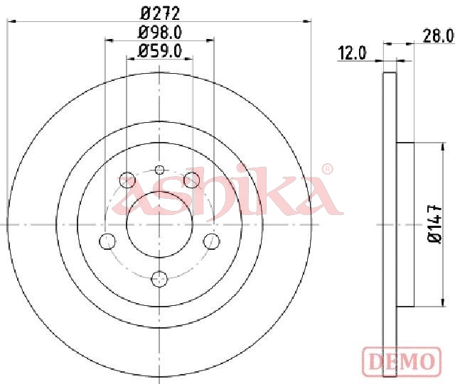 ASHIKA Bremseskive 61000606c bagaksel fuld 272mm 12mm for FIAT PEUGEOT PEUGEOT (DF-PSA)