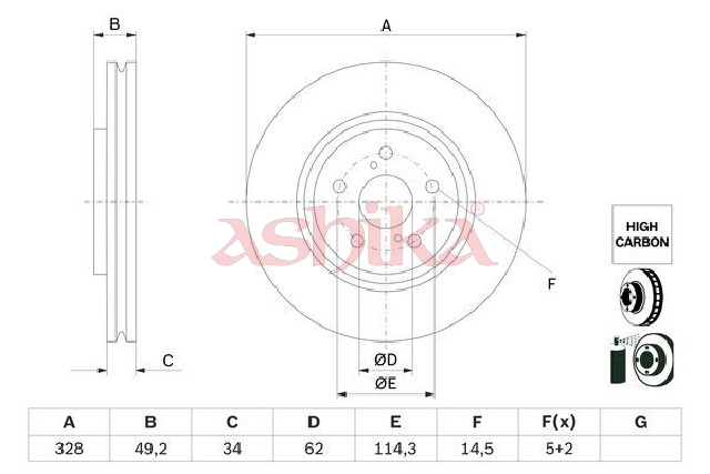 ASHIKA Bremseskive 60022058c foraksel ventileret 328mm for LEXUS
