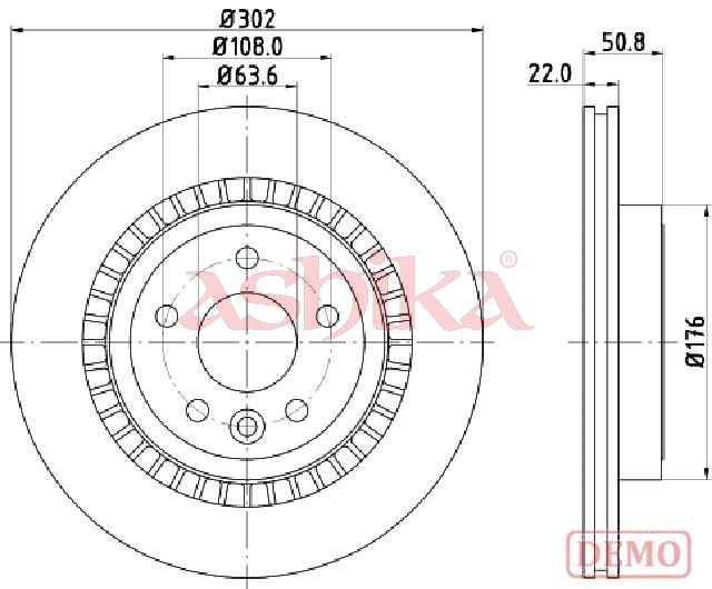 ASHIKA Bremseskive 61000325c bagaksel ventileret 302mm 22mm for VOLVO