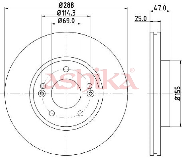 ASHIKA Bremseskive 600hh35c foraksel ventileret 288mm for HYUNDAI