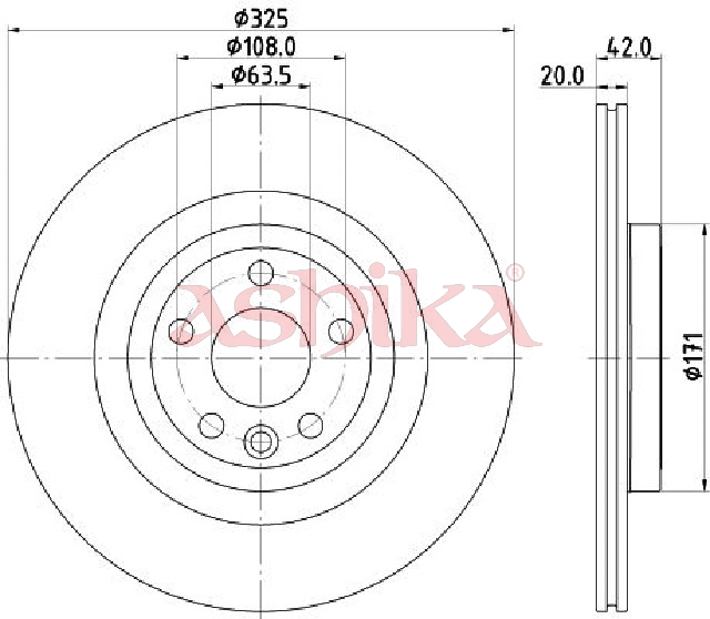 ASHIKA Bremseskive 610ll12c bagaksel ventileret 325mm for JAGUAR LAND ROVER