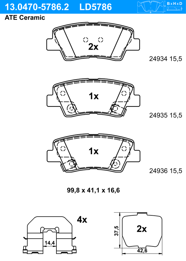 ATE Bremseklodser 13047057862 for SSANGYONG HYUNDAI KIA