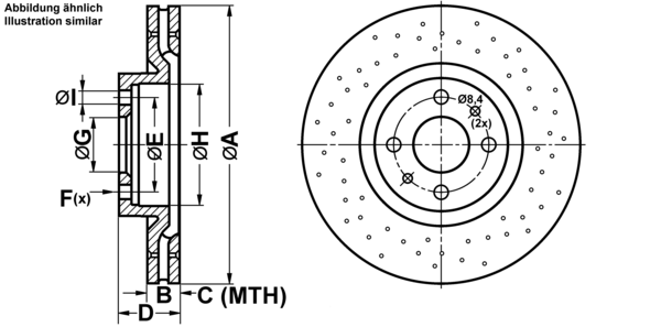 ATE Bremseskive 24012202831 perforeret 284mm 22mm for FIAT