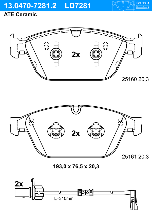 ATE Bremseklodser 13047072812 for VAG