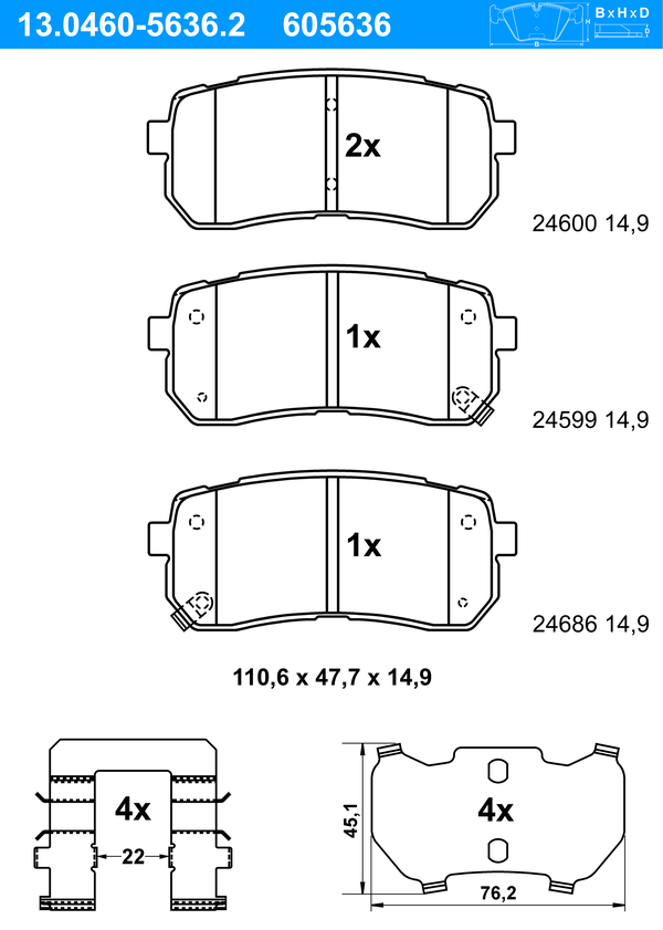 ATE Bremseklodser 13046056362 for HYUNDAI KIA