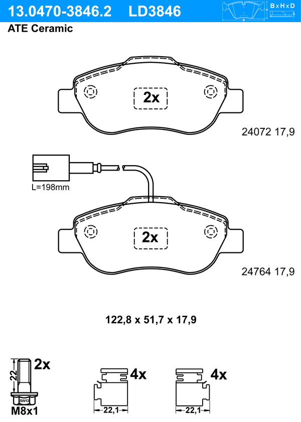 ATE Bremseklodser 13047038462 for FORD FIAT