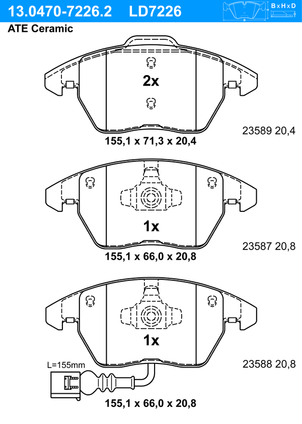 ATE Bremseklodser 13047072262 for VAG