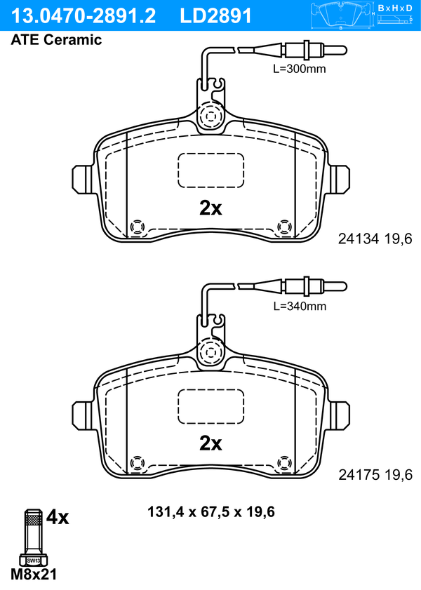 ATE Bremseklodser 13047028912 for PEUGEOT