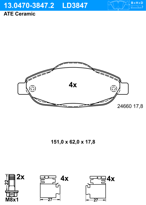 ATE Bremseklodser 13047038472 for PEUGEOT