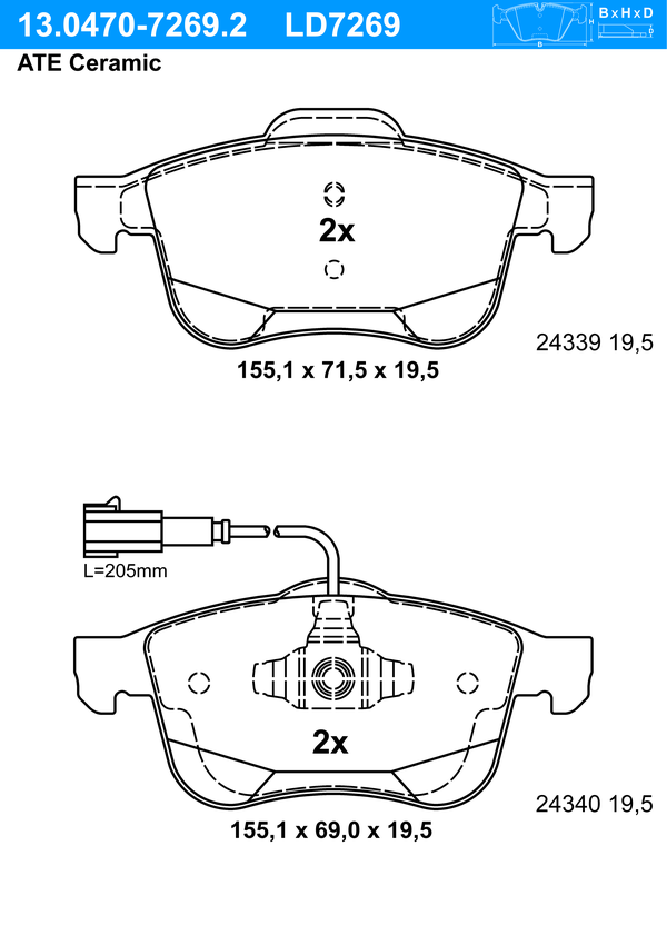 ATE Bremseklodser 13047072692 for FIAT