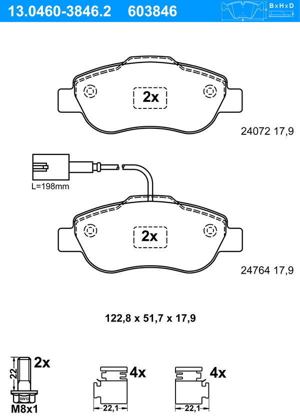 ATE Bremseklodser 13046038462 for FORD FIAT