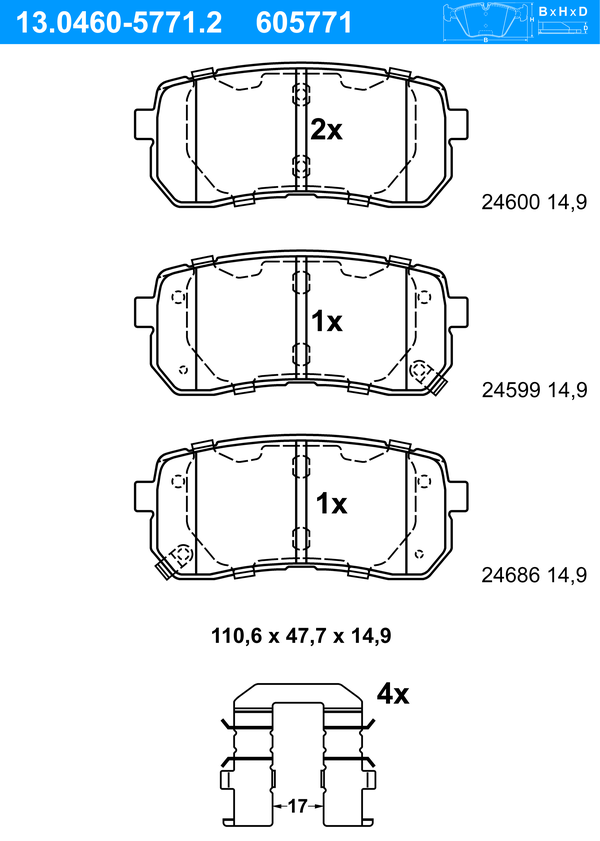 ATE Bremseklodser 13046057712 for HYUNDAI KIA