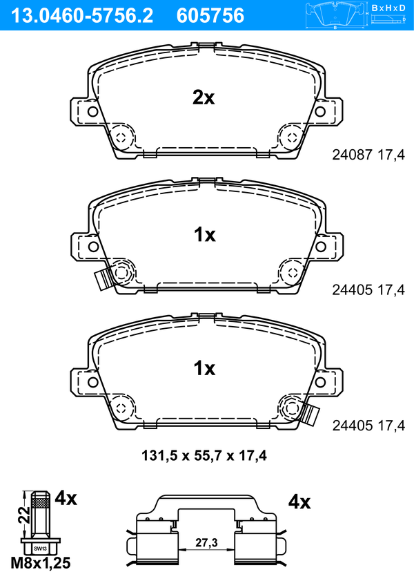 ATE Bremseklodser 13046057562 for HONDA